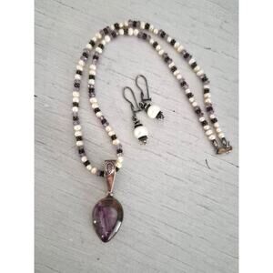 Vintage Sterling Silver Sajen Amethyst & Freshwater Pearl Necklace with Earring